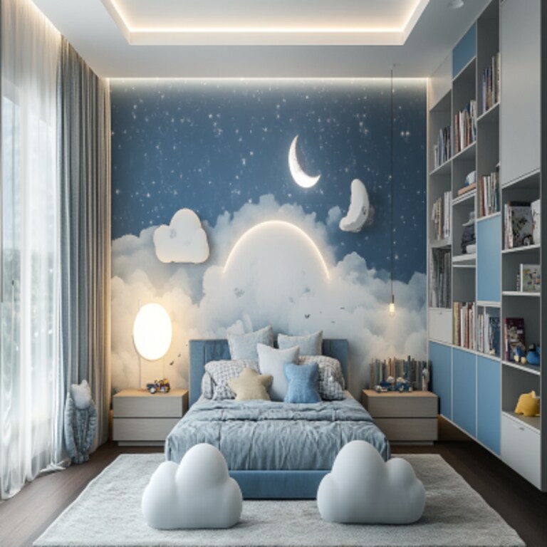 Modern Boys Room Design With Cloud-Themed Wallpaper